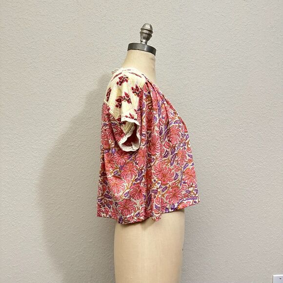 FREE PEOPLE Leilani Cropped Tee Boxy Multi Floral Print Crochet Trim - Picture 6 of 11